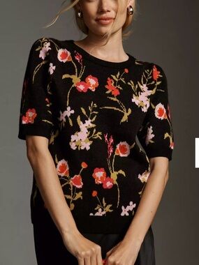 Maeve Anthropologie Large Harmon Jacquard Floral Puff Sleeve Sweater Tee